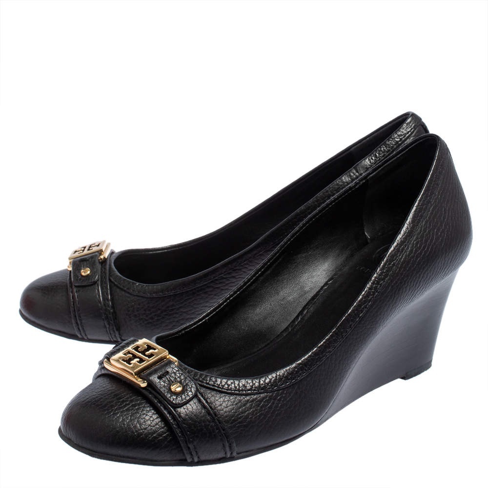 Tory Burch Black Leather Ambrose Logo Embellished Wedge